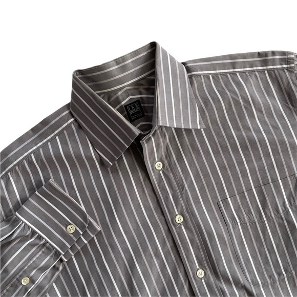 Ike Behar Gray White Stripe Button Up Dress Shirt 15.5 34 - Picture 1 of 7